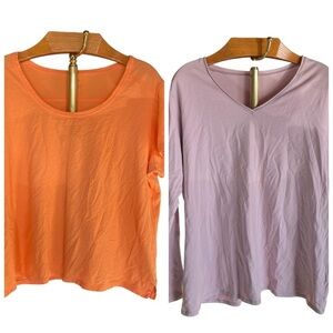 J. Jill Lot of Two Tees Vibrant Orange Whisper Cotton And Purple Rolled V-neck